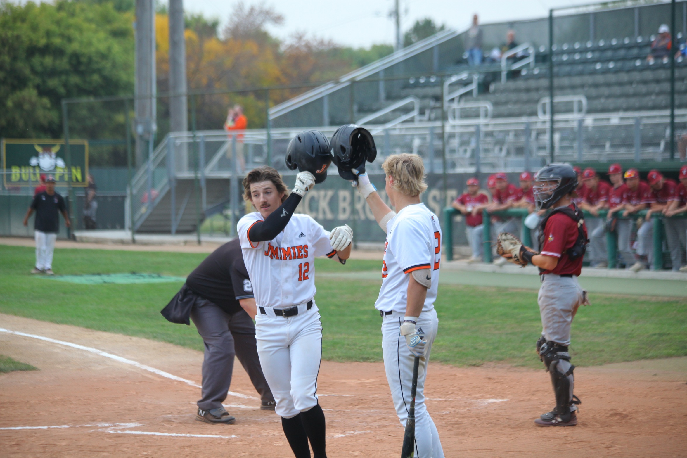 Jackson Bonneville (L) hit a pair of home runs in the Jimmies' 11-7 win over VCSU Wednesday / Photo by Molly Dockter, UJ Sports Information